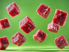 Freshly cut cubes of meat floating above a vibrant green background photo