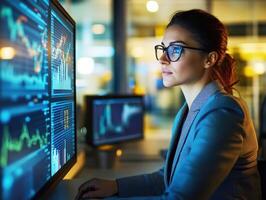 Professional woman analyzing data on screens in an office setting photo