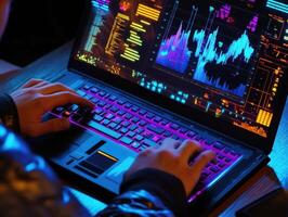 Exploring data trends on a high-tech laptop display at night photo