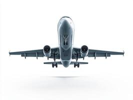 Airplane flying through a clear sky above a landscape photo