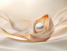 Beautiful pearl nestled in a delicate seashell on soft fabric photo