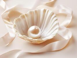 Pearl nestled in a seashell surrounded by soft ribbon photo