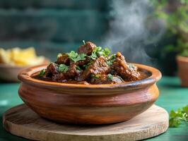 Delicious spicy meat stew served in a traditional clay pot photo