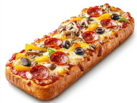 Delicious rectangular pizza topped with pepperoni and vegetables photo
