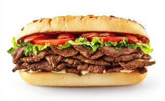 Stacked sandwich with layers of beef and fresh veggies photo
