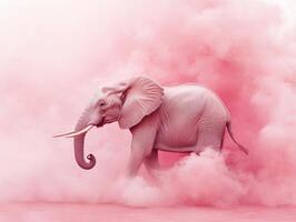 Elephant walking through pink smoke in a surreal landscape photo