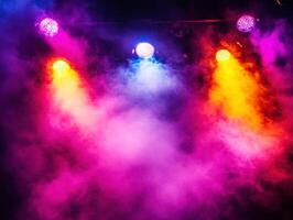 Colorful lights shine in a smoky atmosphere during a show photo