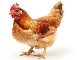 Bright feathered hen standing proudly on a white backdrop photo