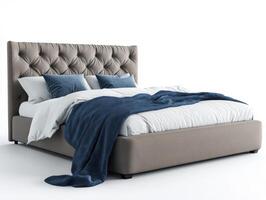 Stylish tufted bed with plush bedding in modern interior design photo