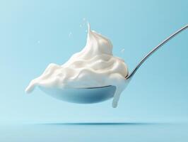 Whipped cream swirls on a spoon against a blue backdrop photo