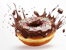 Chocolate donut splashes with colorful sprinkles and chocolate pieces photo