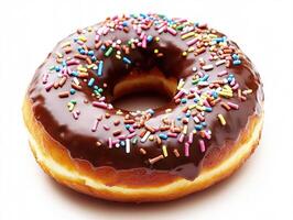 Chocolate donut with colorful sprinkles on white background photo
