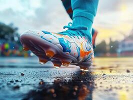 Colorful soccer cleats on wet ground during morning practice photo
