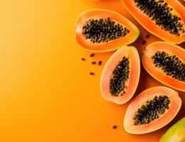 Fresh papaya halves with vibrant orange background at midday photo