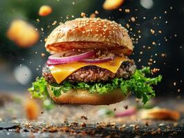Juicy cheeseburger with fresh toppings floating in the air photo