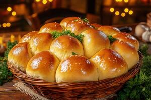 Freshly baked rolls in a rustic basket on a wooden table photo