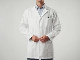 Medical professional in white coat with hands clasped photo
