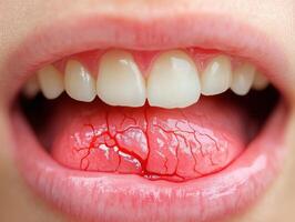 Cracked tongue visible in close-up of open mouth photo