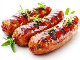 Grilled sausages garnished with fresh herbs on a white background photo