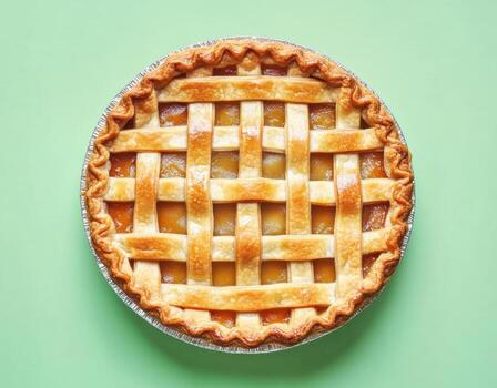Delicious homemade pie with a flaky lattice crust on green background photo