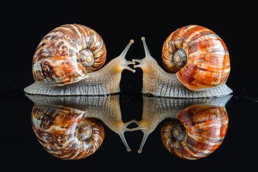 Snails interact on reflective surface showcasing unique shells photo