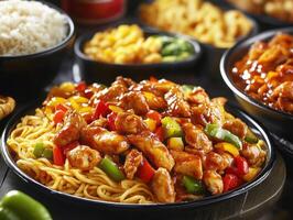 Chicken stir-fry with noodles and veggies in a bowl photo
