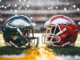 Eagles and Cardinals helmets represent fierce football rivalry photo