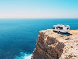RV parked on cliff overlooking clear blue ocean during day photo