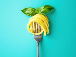 Fork holding spaghetti and basil on a bright turquoise background photo