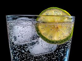 Refreshing sparkling drink with lime and ice cubes photo