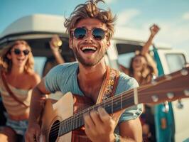Friends enjoying a summer road trip with music and laughter photo
