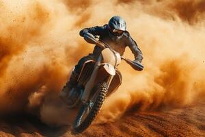 Rider speeds through dirt during off-road motorcycle racing event photo