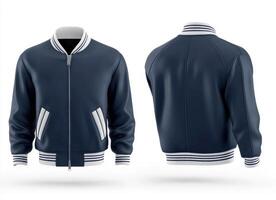 Stylish navy bomber jacket with ribbed cuffs and collar photo