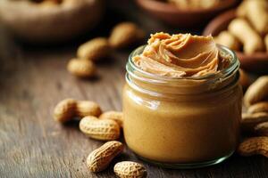 Creamy peanut butter in jar surrounded by peanuts on wooden table photo