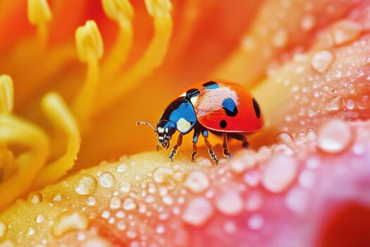 Colorful ladybug resting on a flower petal with droplets photo