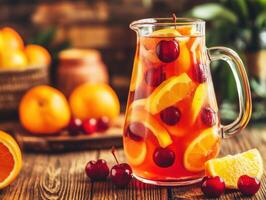 Refreshing fruit punch served in a glass pitcher with cherries photo