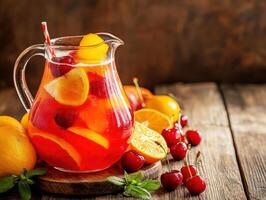 Refreshing fruit punch served in a glass pitcher with garnishes photo