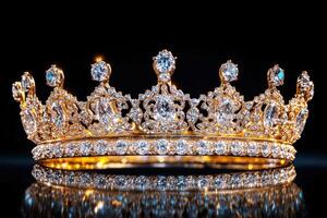 Elegant gold crown adorned with sparkling diamonds in dark setting photo