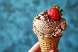 Delicious ice cream cone with chocolate and strawberry topping photo