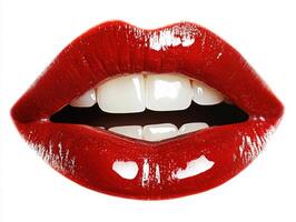 Bright red lips showcasing a perfect smile with white teeth photo