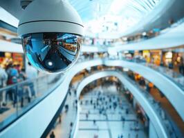 Security camera observing busy shopping mall with bustling crowds photo