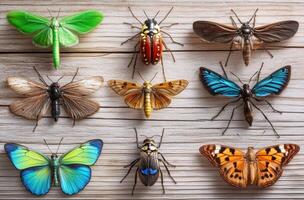 Colorful array of insects displayed on wooden surface photo