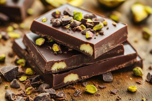 Delicious dark chocolate bars topped with pistachios and cocoa nibs photo