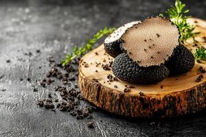 Truffles on a wooden board with fresh herbs and earthy background photo