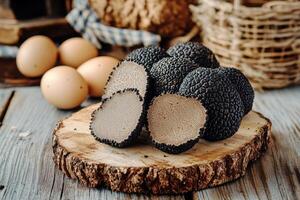 Sliced black truffles resting on a wooden board with eggs nearby photo
