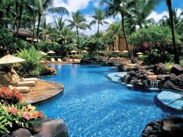Relaxing retreat by the tropical pool surrounded by palm trees photo
