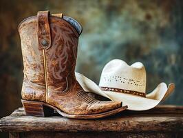 Cowboy boots and hat on rustic wooden surface in warm lighting photo