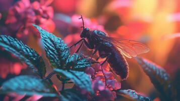 A fly is sitting on top of some flowers photo