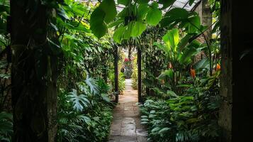 A walkway through a tropical garden with plants and plants photo