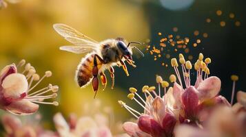 A bee is flying over a flower with pollen photo